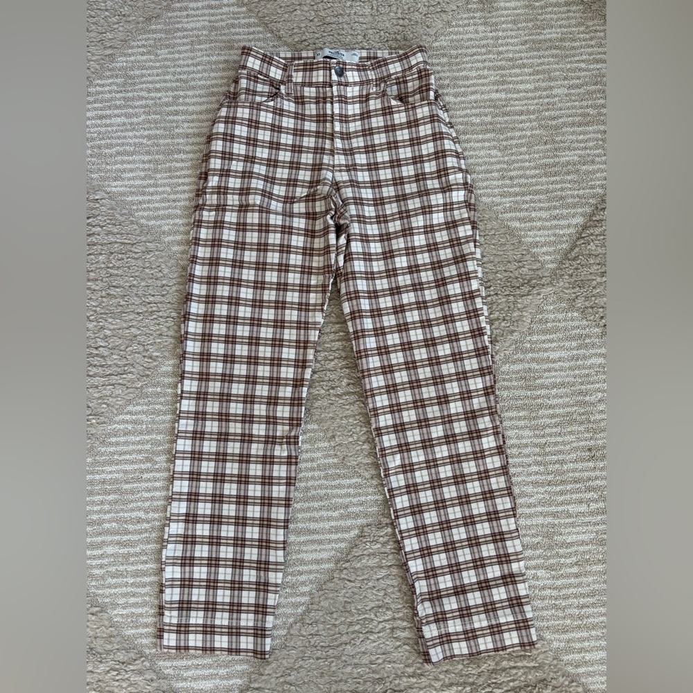 Hollister Cream & Brown Plaid High Rise Pants